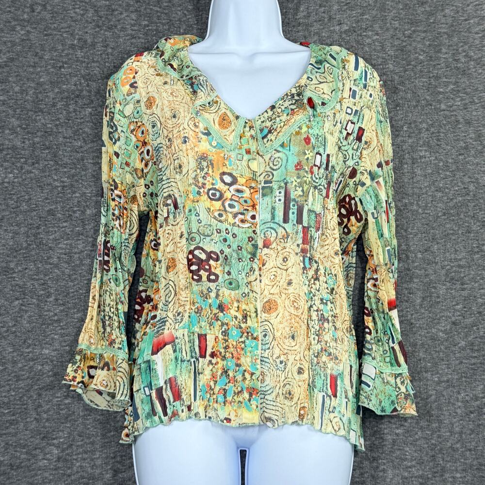 Y2kK Crinkle Ruffle Top Sz Large Petite Long Bell Sleeves Dangling Beads Boho